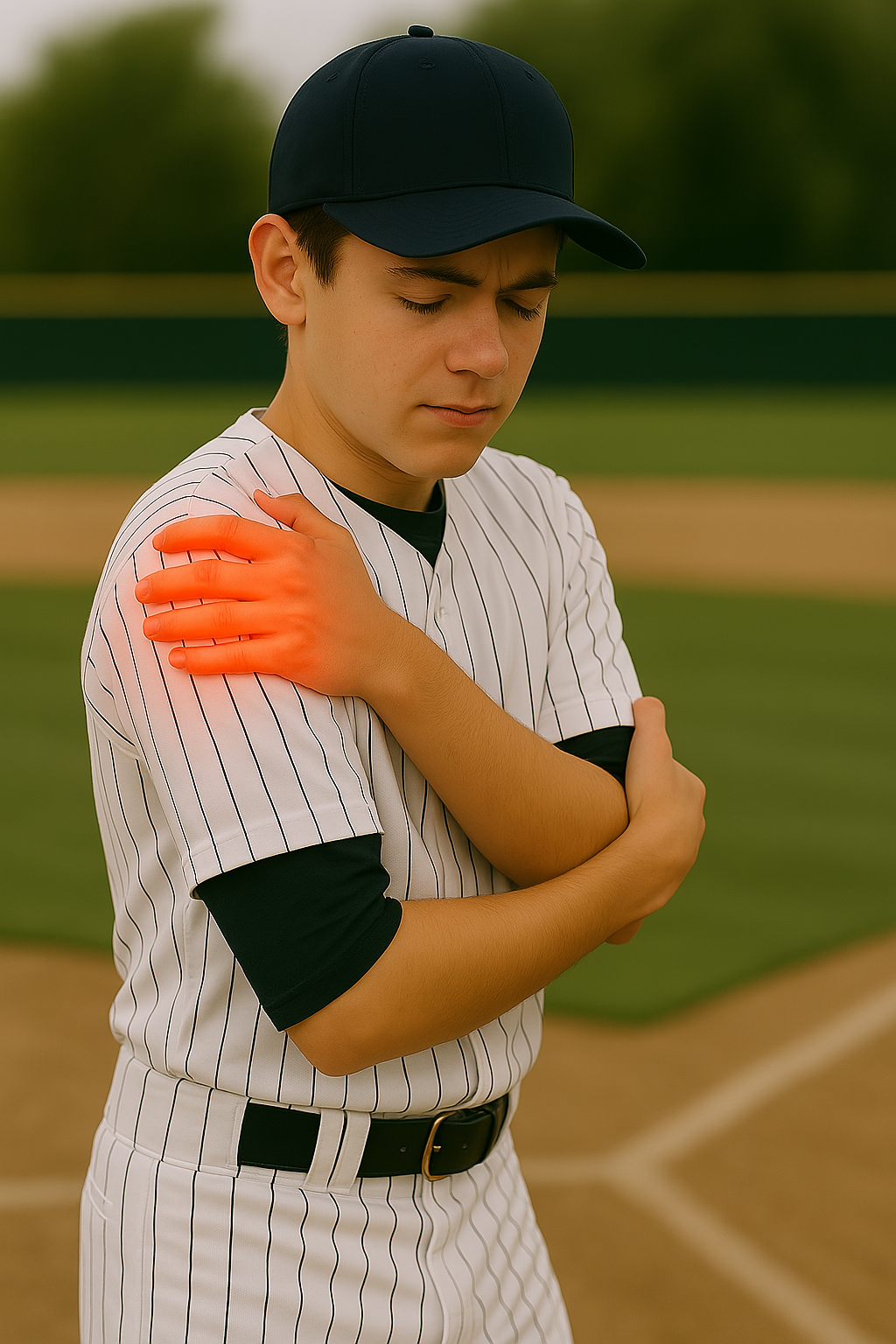 Image of a High School Pitcher Holding his Shoulder due to Arm Soreness