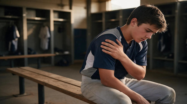 Pitcher holding his shoulder in discomfort after practice.