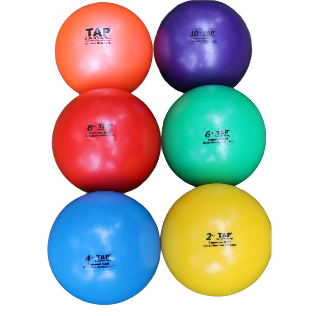 Pummel Ball Complete Set Heaviest (top left) to lightest (bottom right) Orange 12lb, Purple 10lbs, Red 8lbs, Green 6lbs, Blue 4lbs, Yellow 2lbs