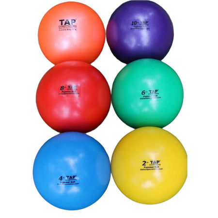 Pummel Ball Complete Set Heaviest (top left) to lightest (bottom right) Orange 12lb, Purple 10lbs, Red 8lbs, Green 6lbs, Blue 4lbs, Yellow 2lbs