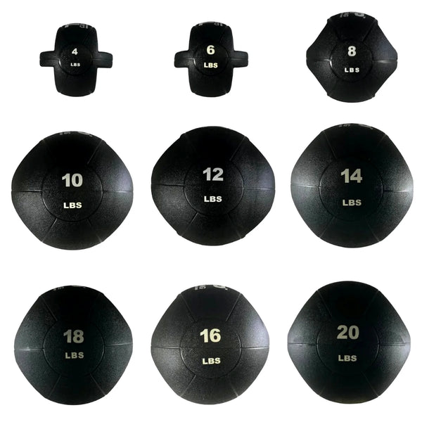 Double Handle Medicine Balls arranged by weight: top row (left to right) 4 lb, 6 lb, 8 lb; middle row 10 lb, 12 lb, 14 lb; bottom row 18 lb, 16 lb, and 20 lb—ideal for progressive resistance training.