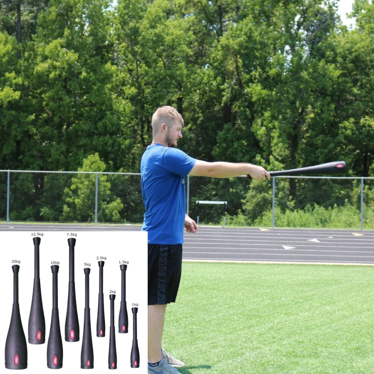 Athlete training with a TAP bell club by Oates Specialties, engaging core muscles and improving movement control during dynamic strength exercises.