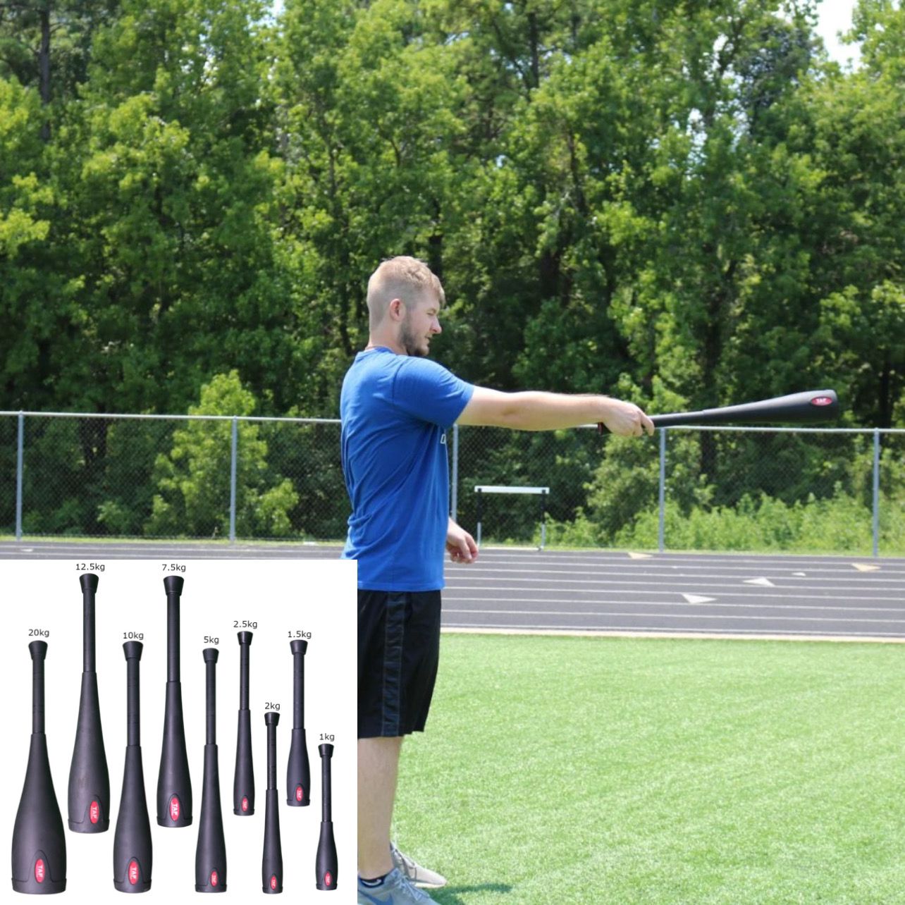 Athlete training with a TAP bell club by Oates Specialties, engaging core muscles and improving movement control during dynamic strength exercises.