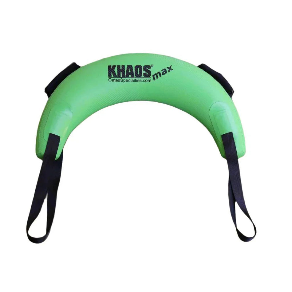 Product photo of the KHAOS® MAX Bulgarian Bag, featuring its banana-shaped air/water-inflated design, two long straps with adjustable handles, and bold green color with the KHAOS® MAX logo and OatesSpecialties.com branding.
