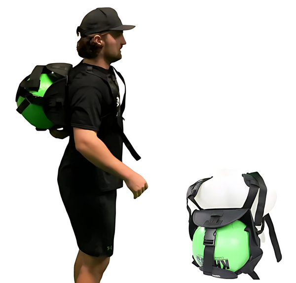 Athlete utilizing the KHAOS Cradle with the harness positioned for proximal loading, driving lead-leg stabilization and kinetic chain organization via dynamic water perturbations.