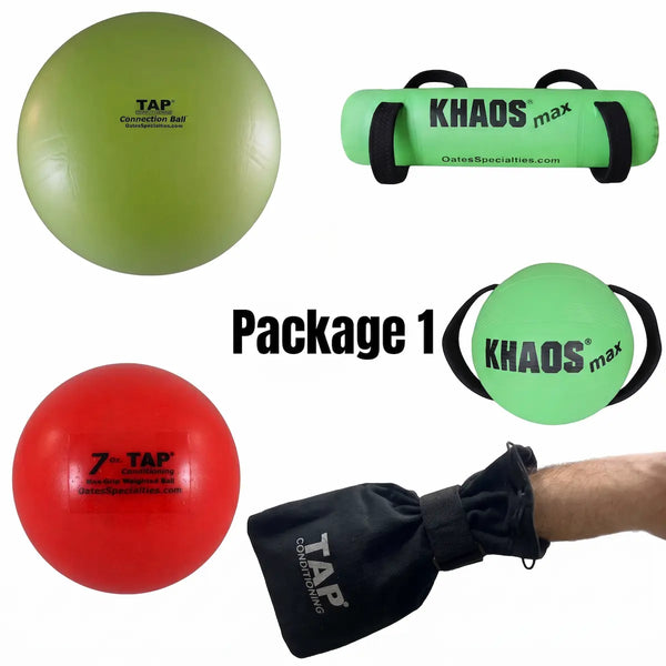 Oates Specialties Package 1 training bundle: KHAOS Water Ball, KHAOS Waterboy, TAP Baseball Training Sock, TAP Max-Grip Weighted Ball, and TAP Connection Ball