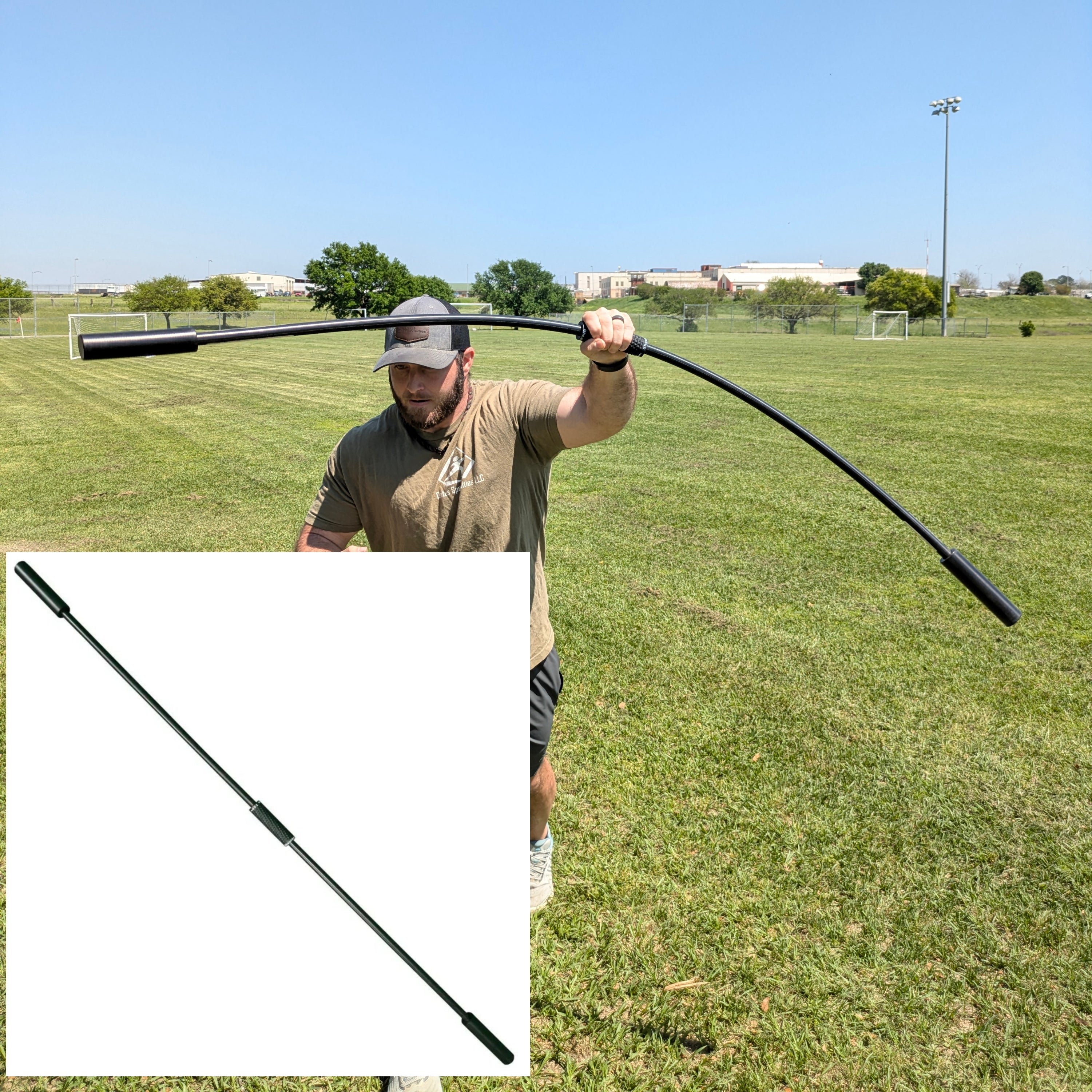 An athlete dynamically moves the TAP® Shoulder Tube in a circular motion, replicating his pitching delivery for shoulder activation. The inset product image highlights the TAP® Shoulder Tube’s enhanced grip for secure handling.