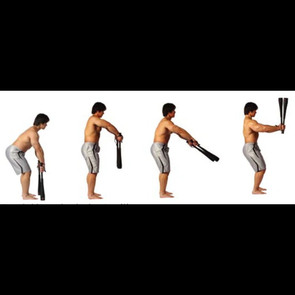The athlete is using two TAP Bell Clubs to perform a two handed swing where each bell club swings back beside his hip on each side and is then brought forward and up by momentum. This is a great exercise for the posterior chain.