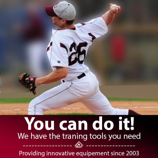 An image of an athlete throwing a baseball pitch. The title "You Can Do It!" and "We have the training tools you need" and "Providing innovative equipment since 2003" describes the business Oates Specialties LLC has training tools that everyone needs to be effective in sports.