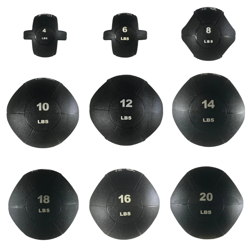 Double Handle Medicine Balls arranged by weight: top row (left to right) 4 lb, 6 lb, 8 lb; middle row 10 lb, 12 lb, 14 lb; bottom row 18 lb, 16 lb, and 20 lb—ideal for progressive resistance training.