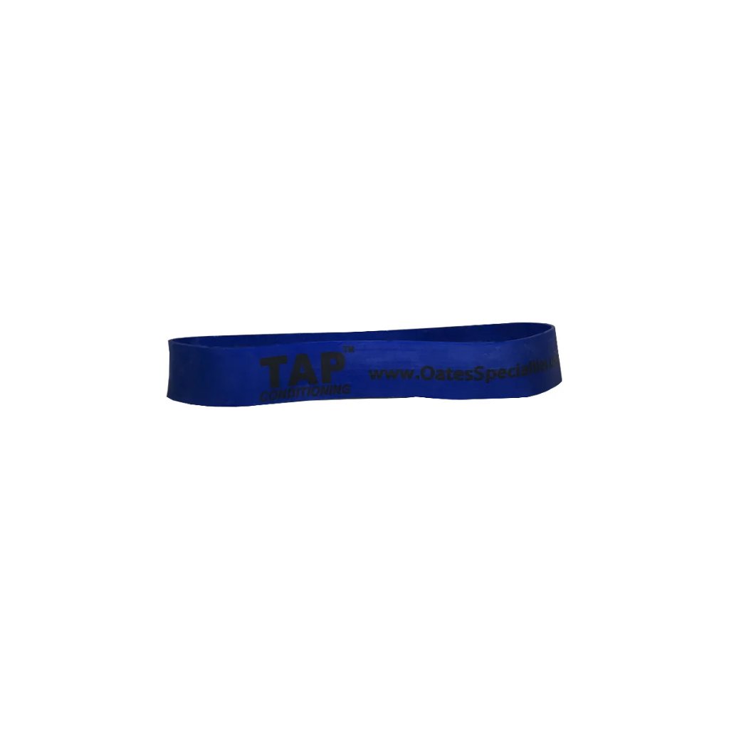 Blue Exercise Band (9" x 1") shown looped neatly on a neutral background, emphasizing its medium width and smooth surface.