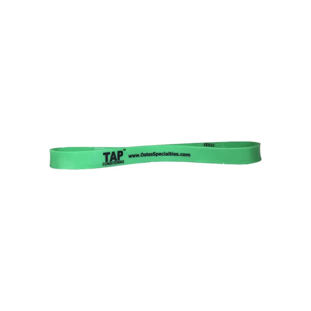 Green Exercise Band (9" x 5/8") shown on a flat surface, emphasizing its wider profile and durable construction