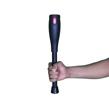 1KG Bell Club being held in a single arm straight to demonstrate the leverage weight.