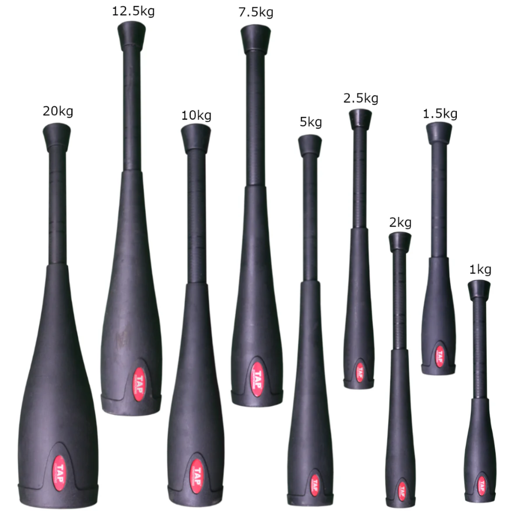 Complete inventory of Bell Clubs from heaviest (left) to lightest (right) 20kg, 12.5kg, 10kg, 7.5kg, 5kg, 2.5kg, 2kg, 1.5kg, 1kg