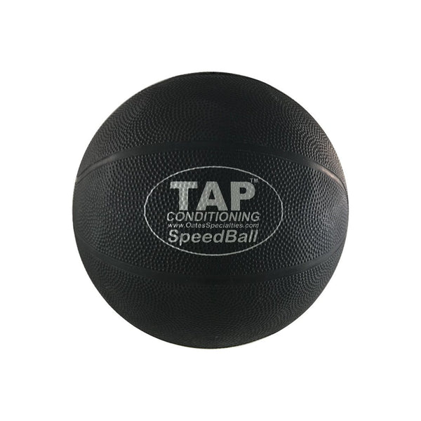 Close-up photo of the TAP® Hammer Net SpeedBall, a black textured ball with raised logo. Used for rebound training with the Hammer Net