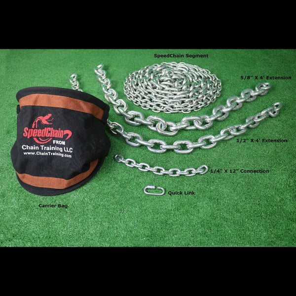 A set of SpeedChain accessories including a chain cleaner bag, a chain guide, and two sets of extension chains laid out on a green surface.
