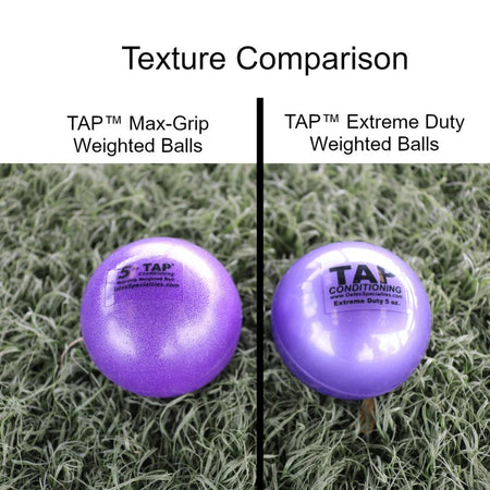 TAP Max-Grip weighted ball texture comparison showing improved grip surface for better athlete control