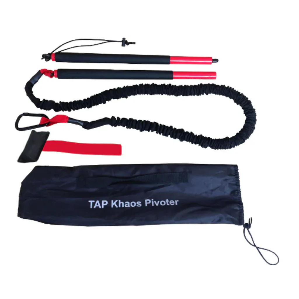 Product photo of the KHAOS® Pivoter, displaying its full set of components: detachable bar, bungee, door anchor, and carry bag, designed for dynamic strength training and versatility.