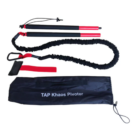 Product photo of the KHAOS® Pivoter, displaying its full set of components: detachable bar, bungee, door anchor, and carry bag, designed for dynamic strength training and versatility.