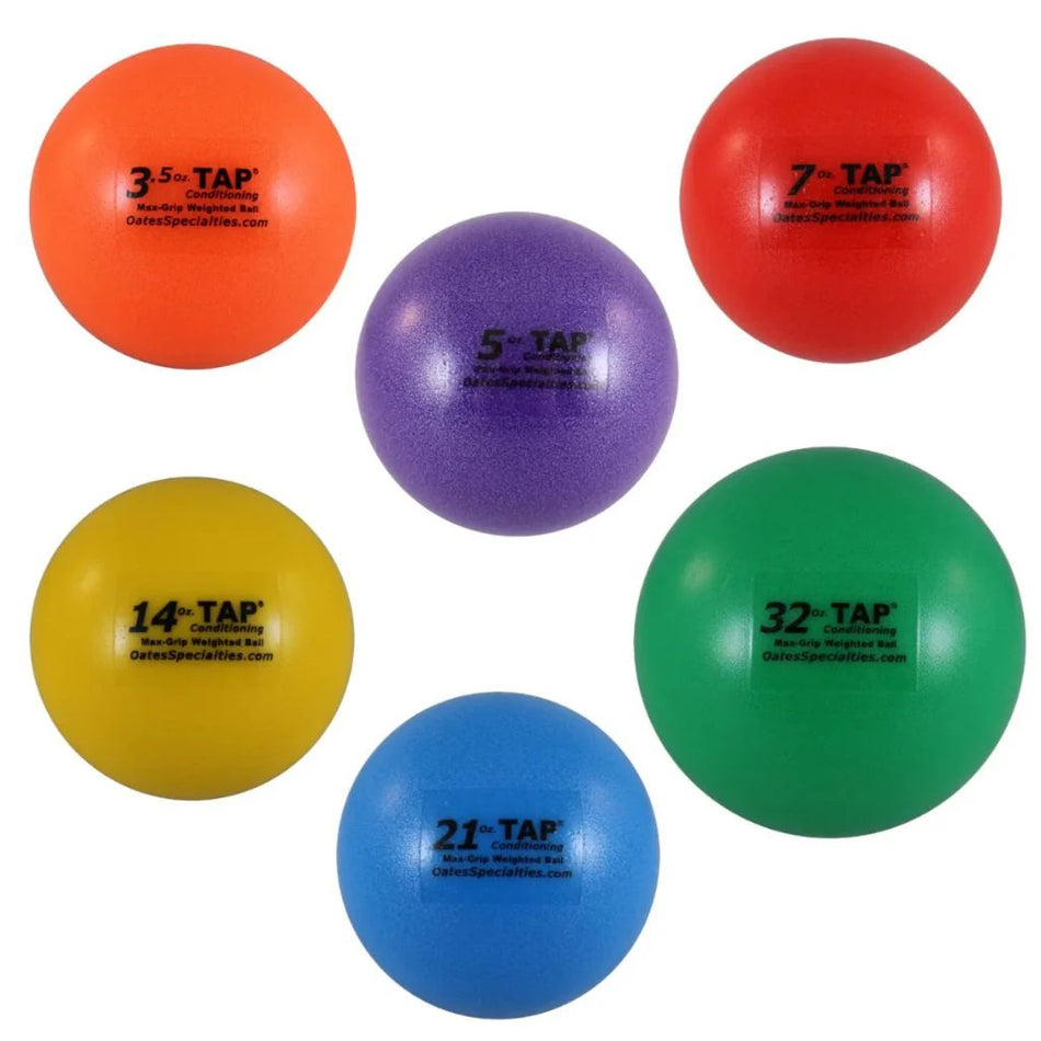 TAP Max-Grip weighted training ball set - 6 different weights for baseball throwing and hitting power training