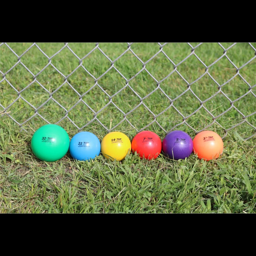 Complete TAP Max-Grip weighted ball set: 32oz, 21oz, 14oz, 7oz, 5oz, and 3.5oz training balls for baseball