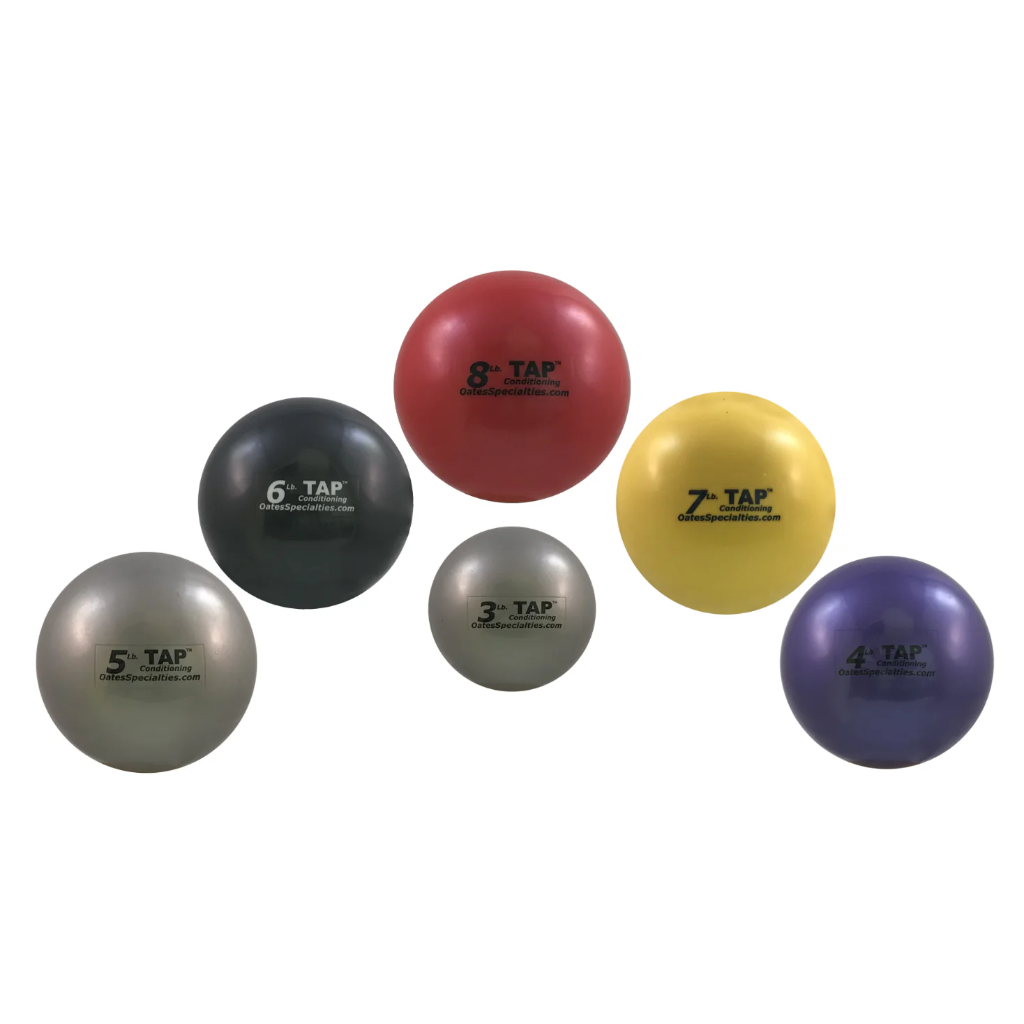 Color-coded TAP® Mini-Medicine Ball set with weights from 3lb to 8lb.