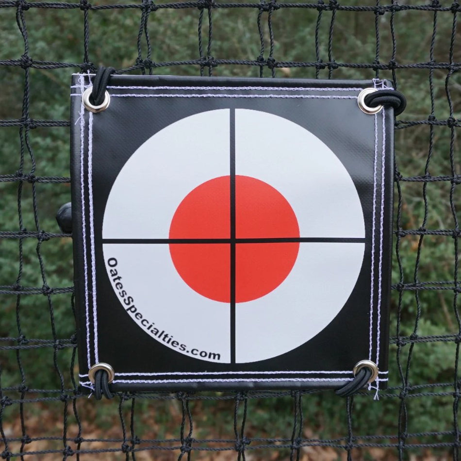TAP Precision Target attached to baseball training net close-up view showing bright orange target design.