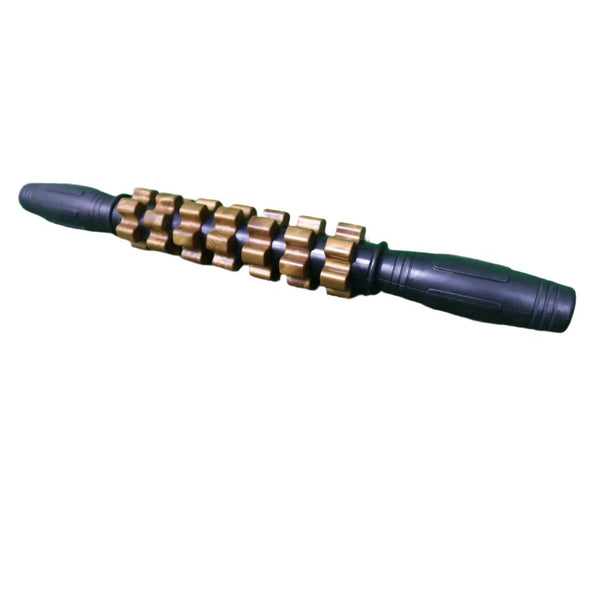 A targeted muscle relief stick with a black handle and gold-colored spindles, designed for self-massage and muscle tension relief.