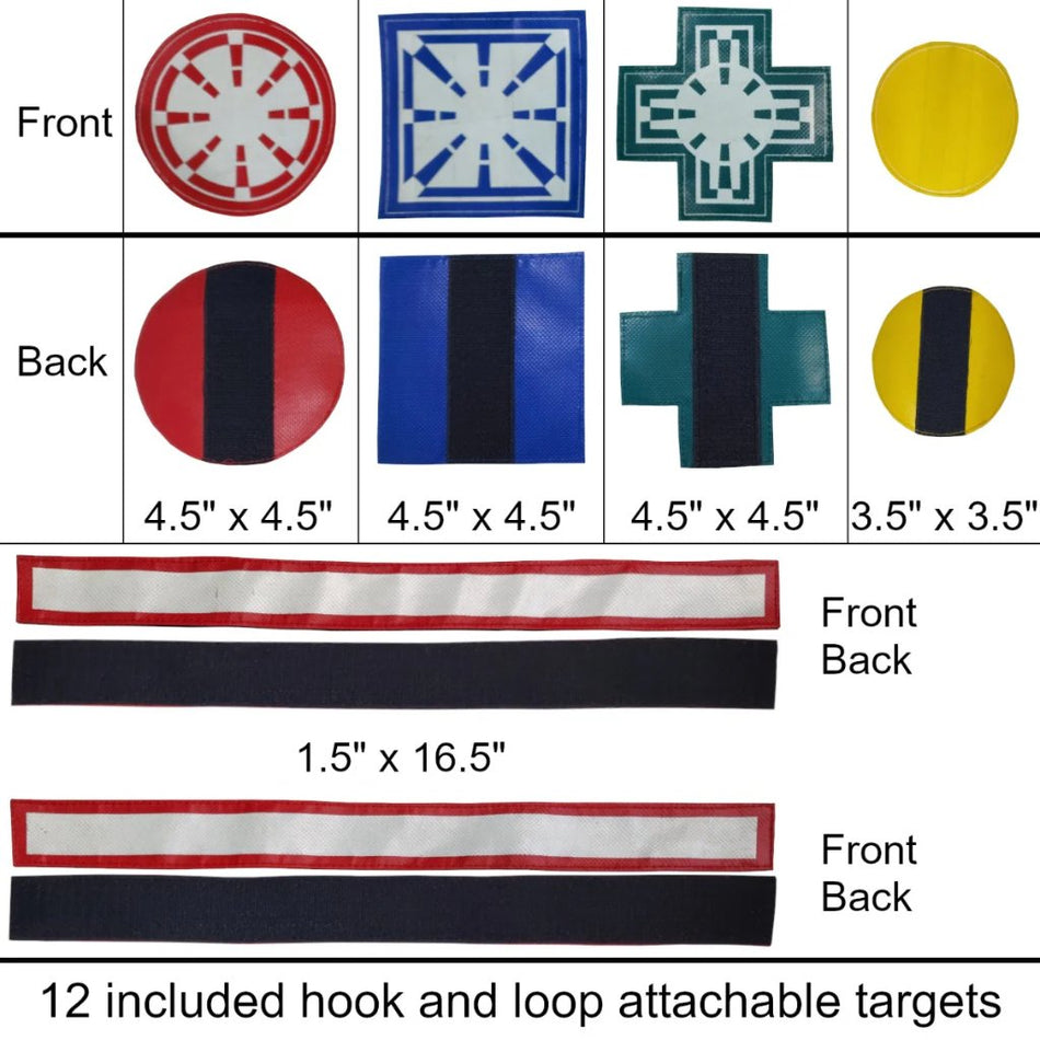 Target Pad Targets, front and back, with dimensions, also shows velcro straps with dimensions as well, 12 hooks included with loop attachable targets
