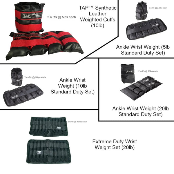 A collection of TAP wrist and ankle weights in various configurations and colors, including black and red. The weights are designed for exercise and resistance training.