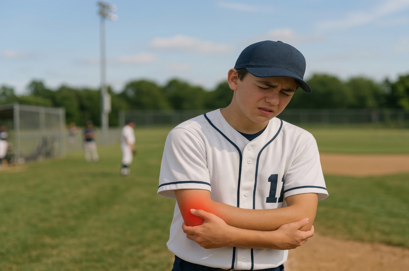 Teenage baseball player showing effects of a lack of a ramp up period that caused arm soreness and pain.