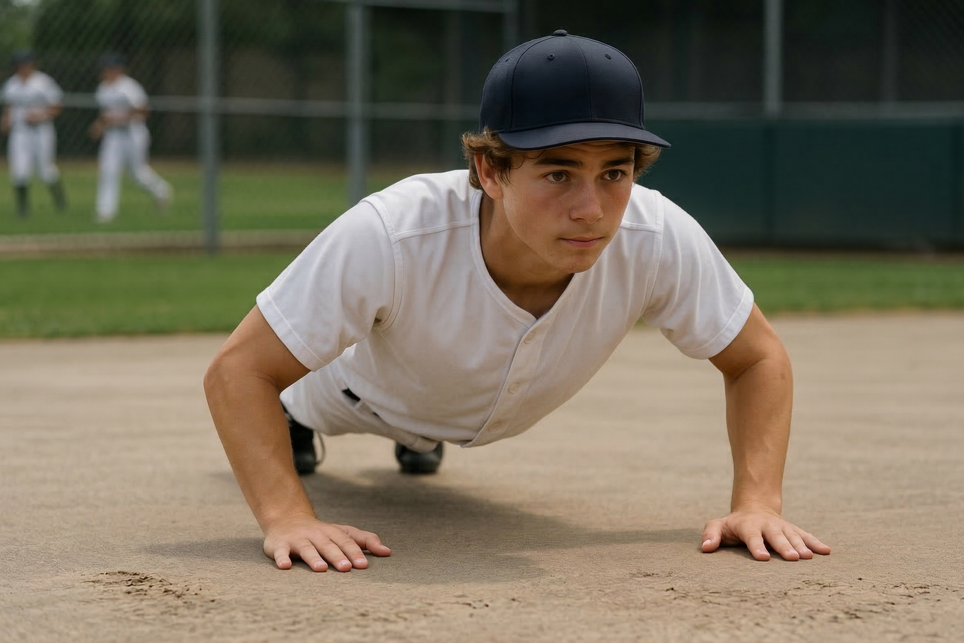 Baseball player doing a controlled bodyweight push-up for strength and athletic development