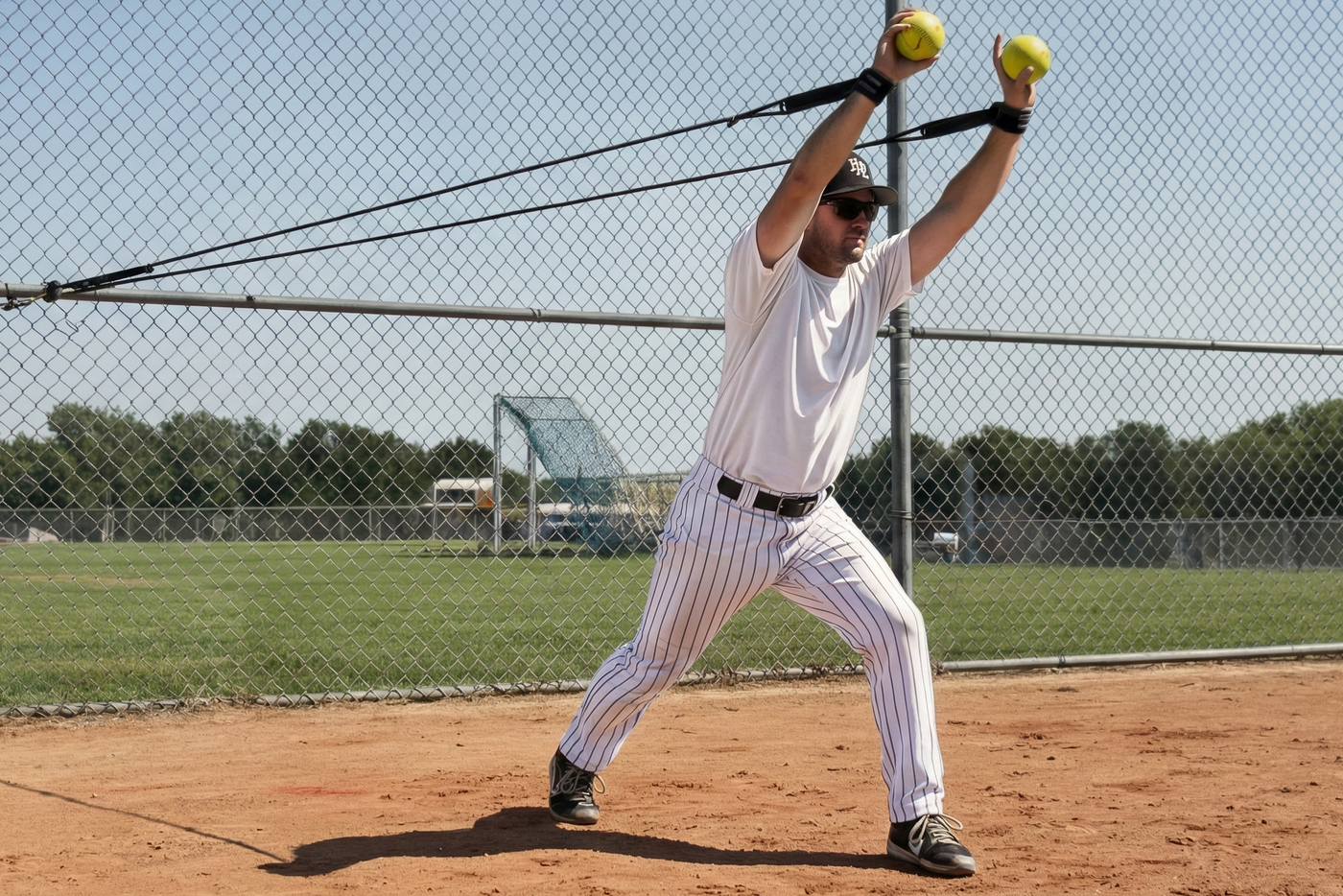 An athlete using the Pitcher's Friend Resistance tubing performing the full body overhead-shop exercise.