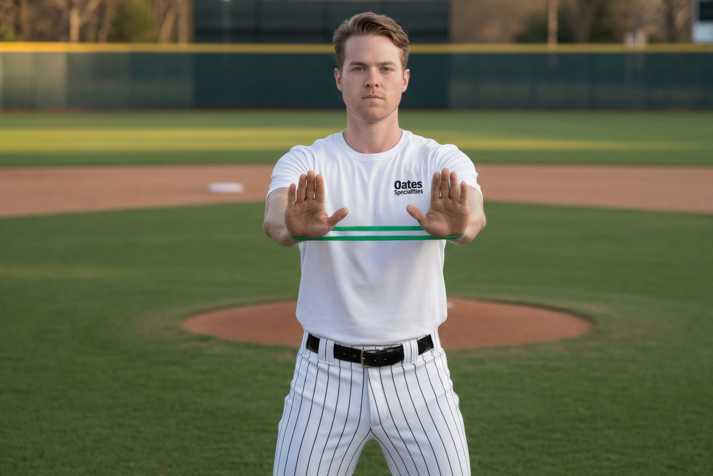 An athlete performing wrist clock pulses prior to throwing a baseball.