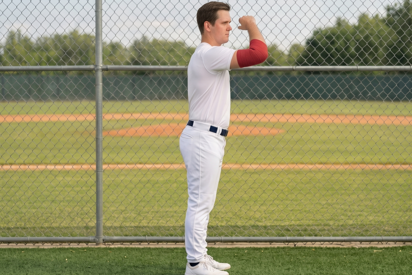 An athlete performs slow and controlled movement patterns with the rocket wrap around their elbow.