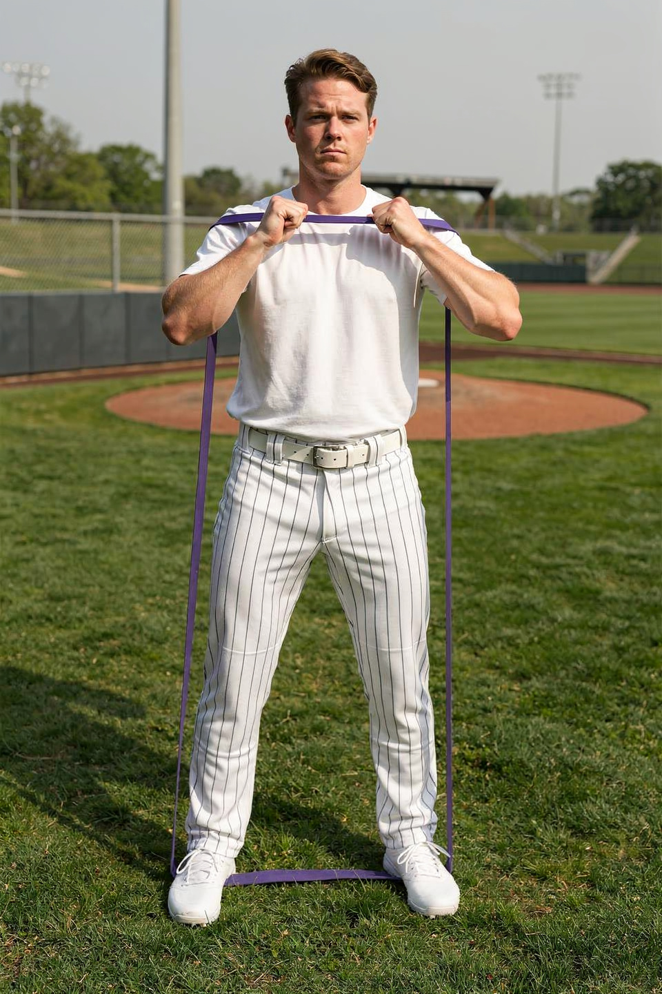 An athlete in the up position after performing a squat with a purple Giant Flat Band loop.