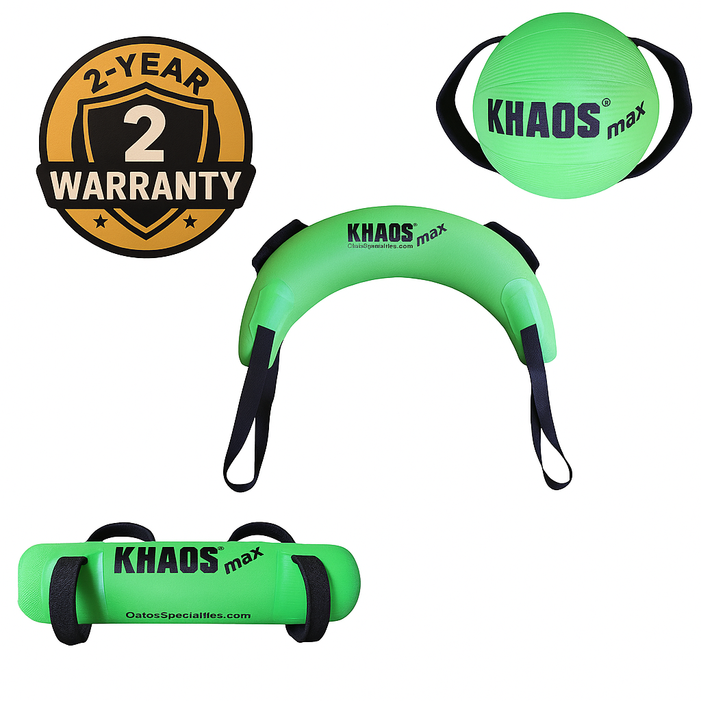 Image displaying the Bulgarian Bag, 30cm Water Ball MAX, and Waterboy MAX-Medium, highlighting their unique shapes, durability, and versatility for dynamic strength training and with the 2 Year Limited Warranty.