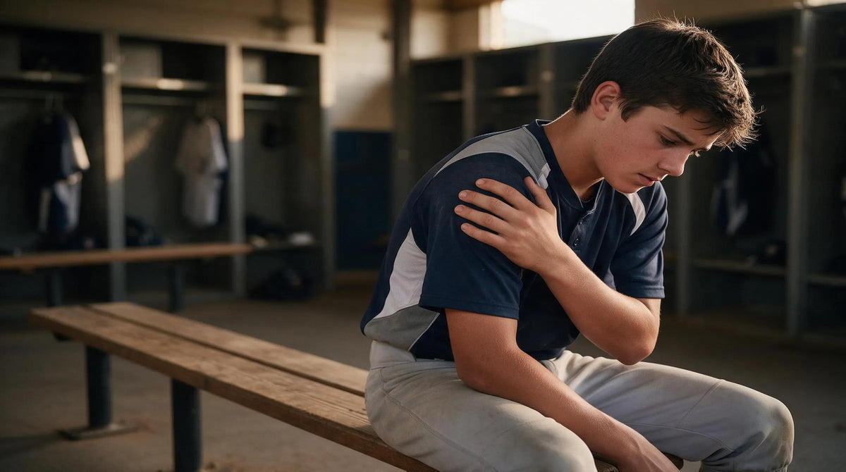 Pitcher holding his shoulder in discomfort after practice.