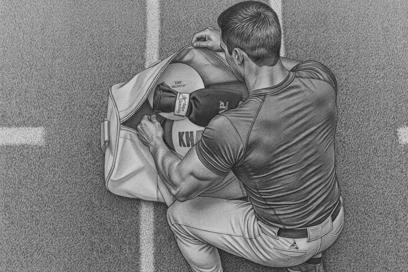 A professional Baseball player opening a bag to display the common tools he uses each day to prepare for throwing.