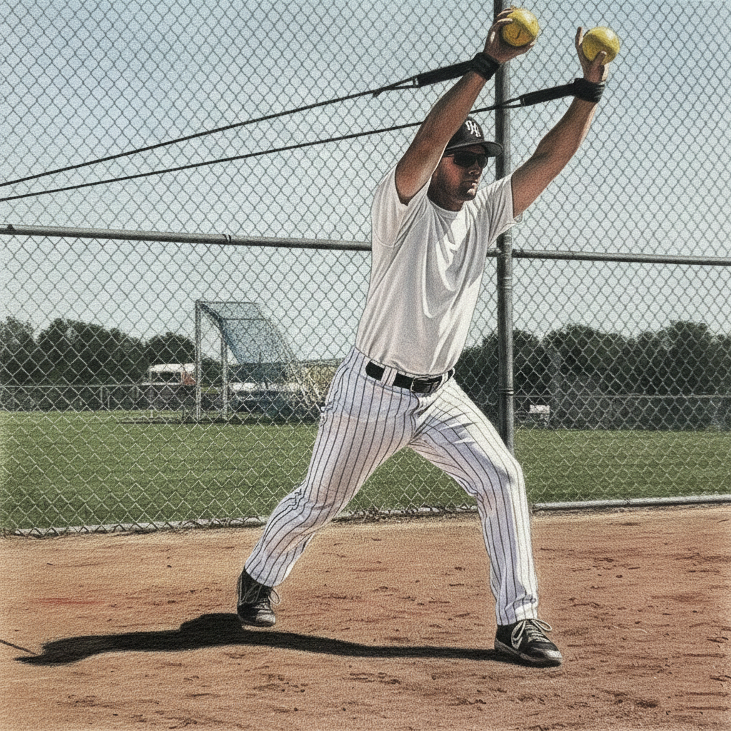 An athlete performing resistance tubing exercises with a ball in each hand for grip confirmation.