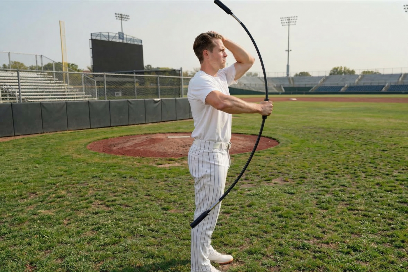 An athlete using oscillatory training to stabilize the shoulder before throwing.