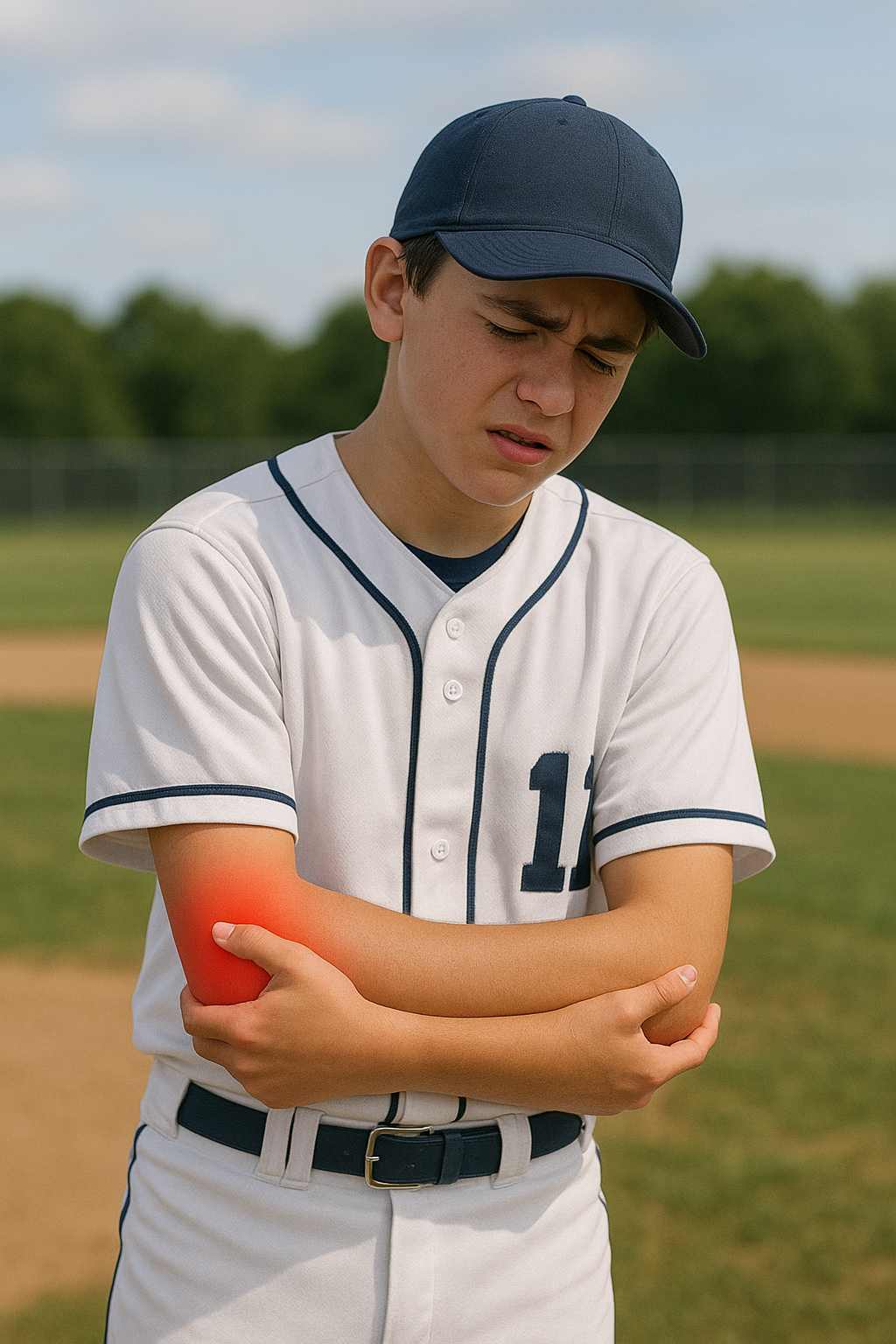 Teenage baseball player showing effects of a lack of a ramp up period that caused arm soreness and pain.