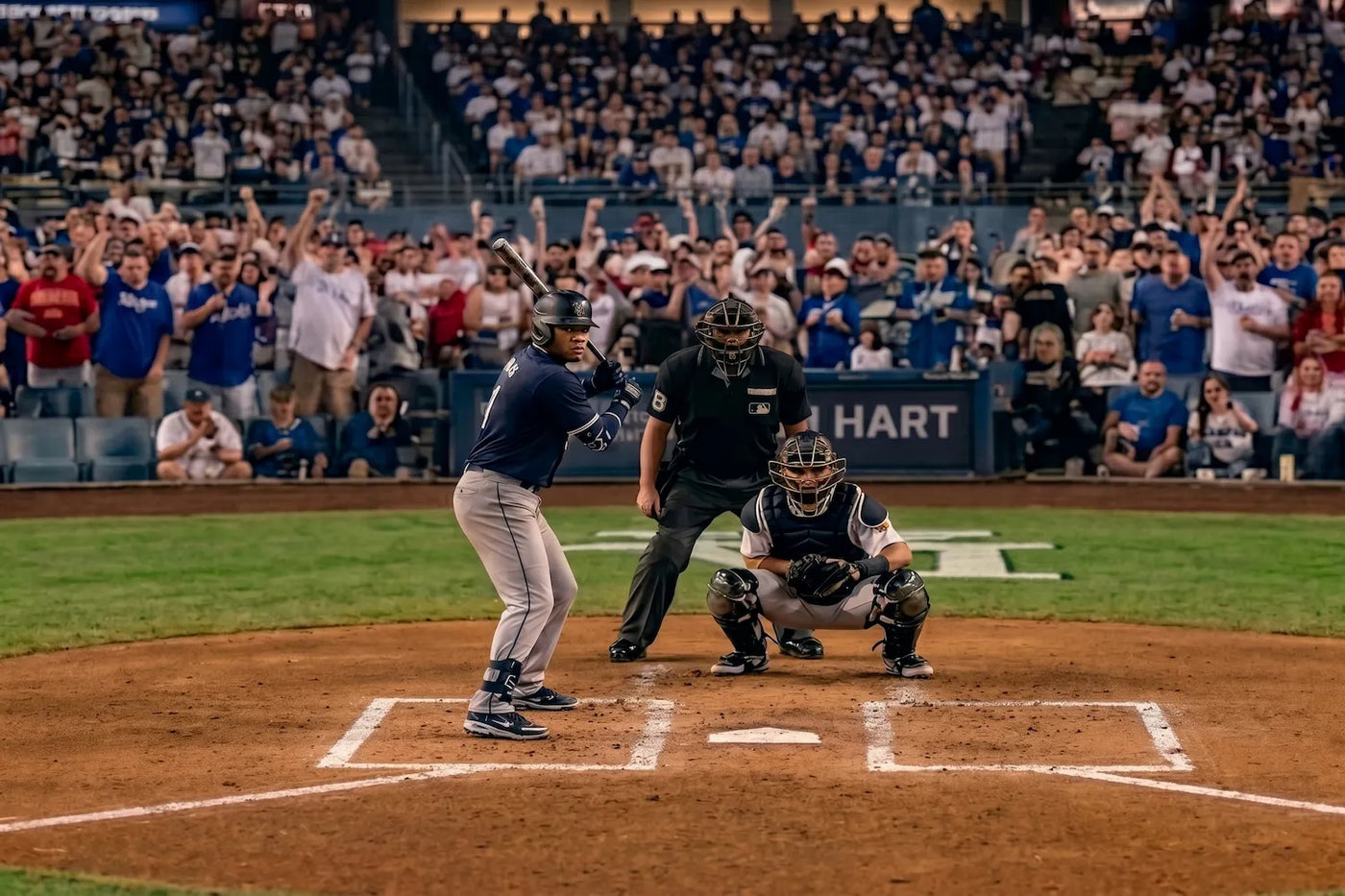 Batter waiting for a pitch to arrive in a baseball game.