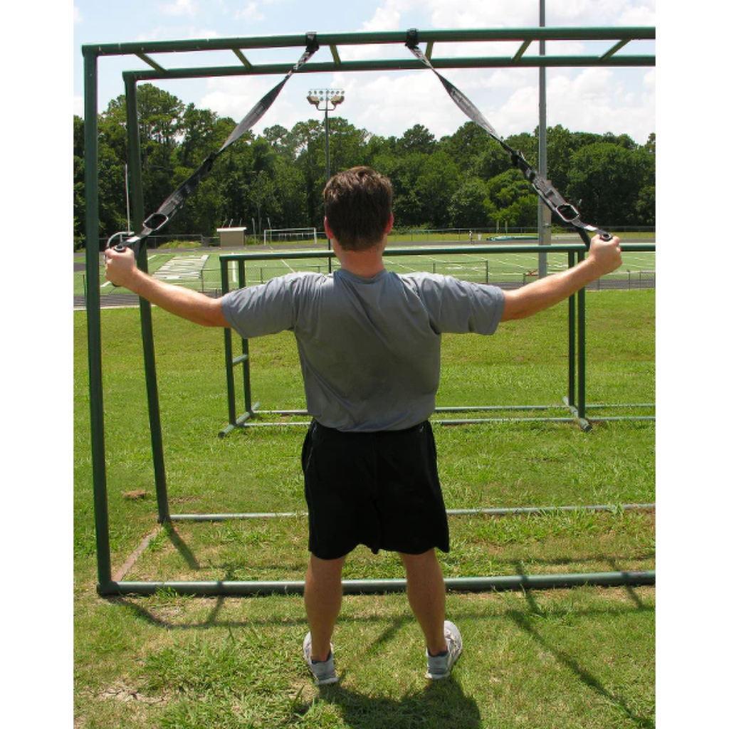 Suspension trainer used to enhance strength in upper back.