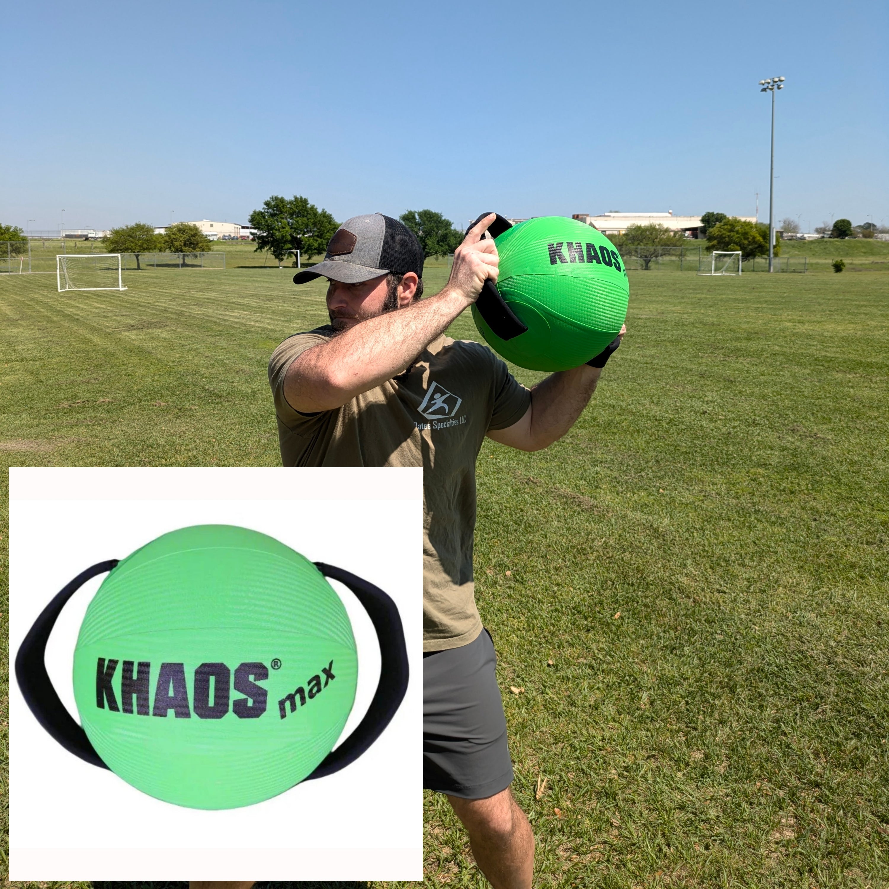 Athlete preparing for a baseball pitching delivery swing with the Khaos® Water Ball, a dynamic training tool for unstable strength and power. Product photo in the bottom left corner.