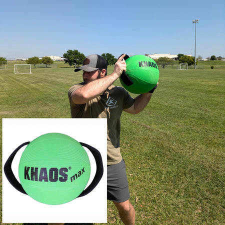Athlete preparing for a baseball pitching delivery swing with the Khaos® Water Ball, a dynamic training tool for unstable strength and power. Product photo in the bottom left corner.
