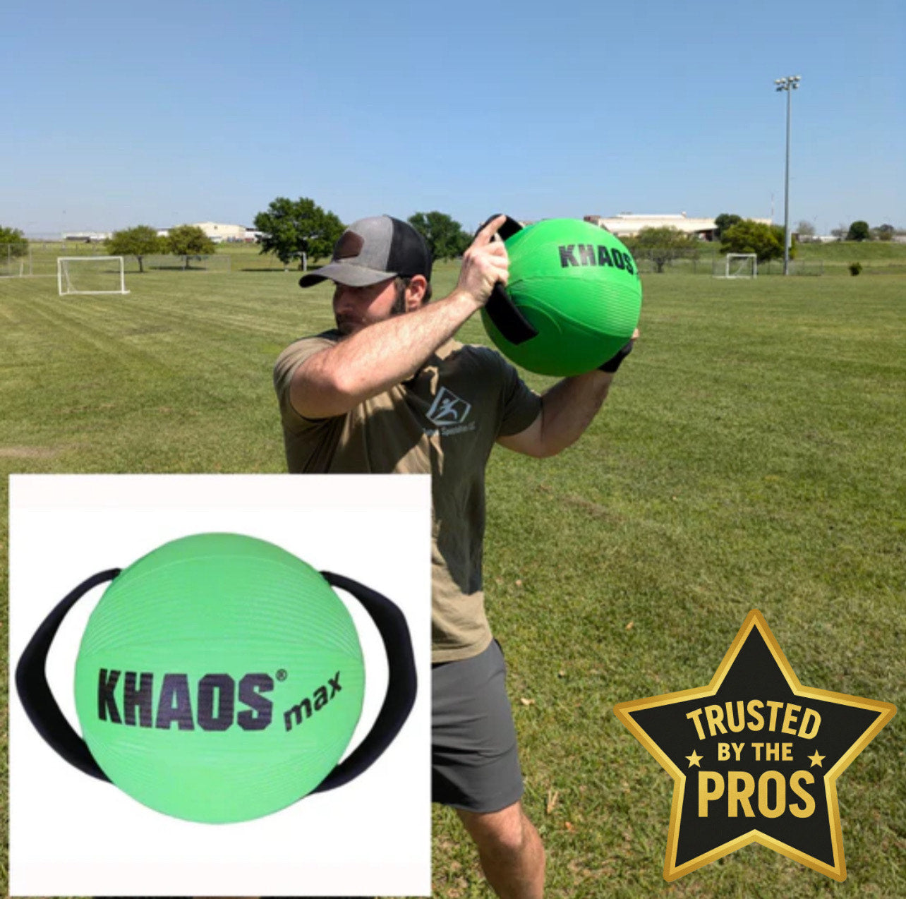 Athlete preparing for a baseball pitching delivery swing with the Khaos® Water Ball, a dynamic training tool for unstable strength and power. Product photo in the bottom left corner.