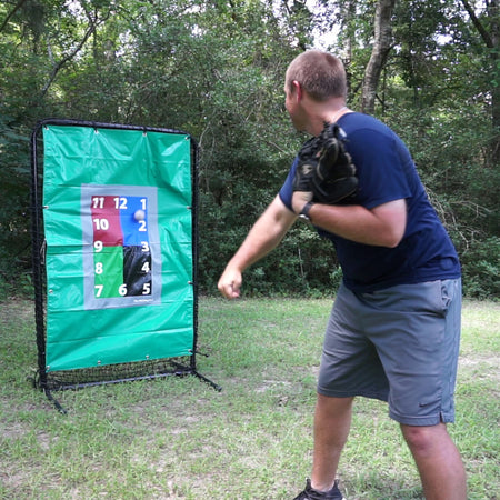 Weighted Baseball hitting Pitching Pad after leaving the hand of an athlete performing low-intensity throwing drills