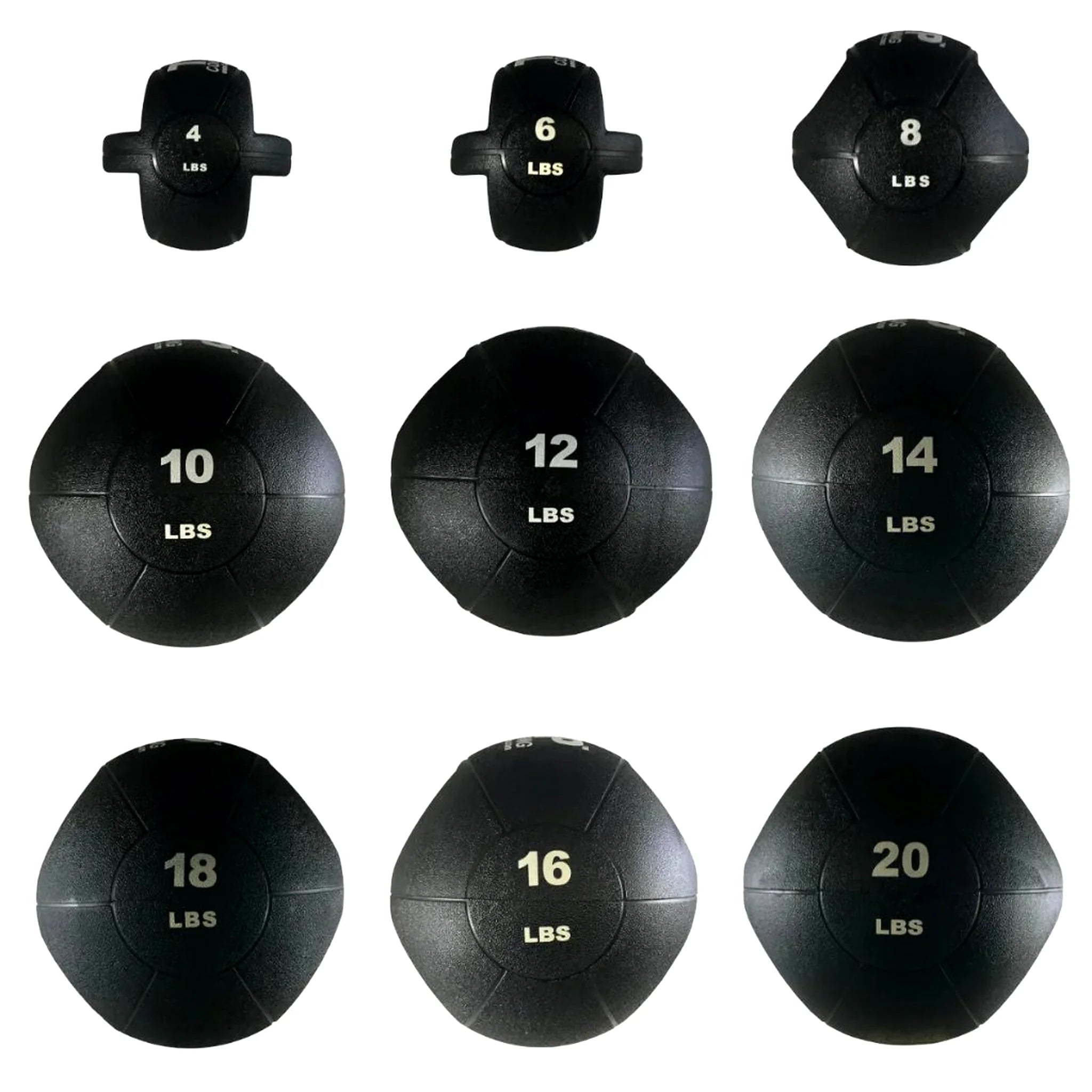 Double Handle Medicine Balls arranged by weight: top row (left to right) 4 lb, 6 lb, 8 lb; middle row 10 lb, 12 lb, 14 lb; bottom row 18 lb, 16 lb, and 20 lb—ideal for progressive resistance training.