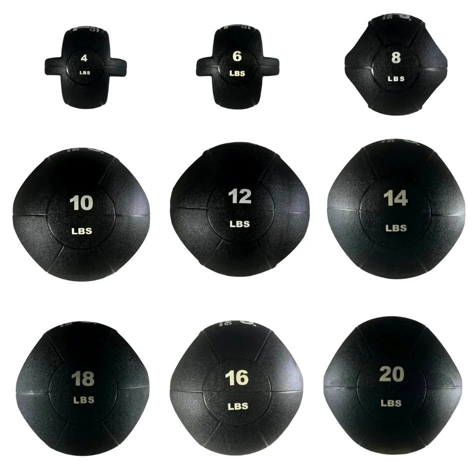 Double Handle Medicine Balls arranged by weight: top row (left to right) 4 lb, 6 lb, 8 lb; middle row 10 lb, 12 lb, 14 lb; bottom row 18 lb, 16 lb, and 20 lb—ideal for progressive resistance training.